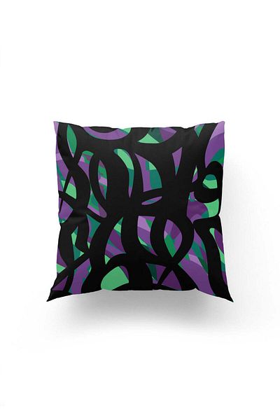 Dokumio Energetic Dance of Green and Purple – Abstract Pattern Throw Pillow Case on Black Background