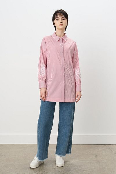 Nihan Sleeve Embroidered Striped Poplin Tunic Red