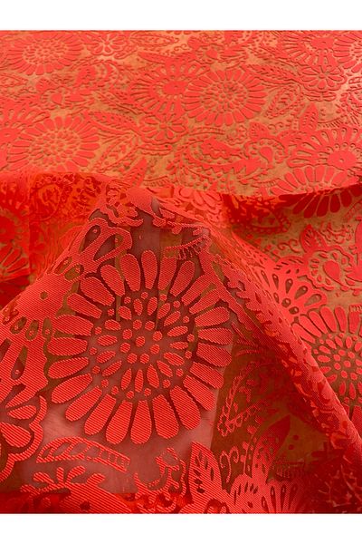 METERİAL Red Floral Patterned Burnt Fabric – 140 cm Width |   Modern Design over Transparent Tulle