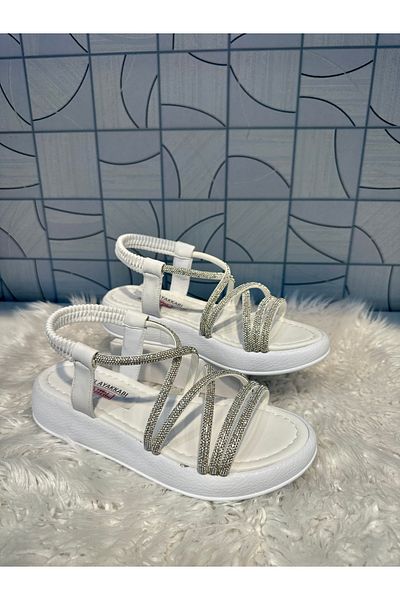 Anıl Ayakkabı Castle 35250 White Stone Band Detail Cross Style Orthopedic Sandals Shoes with Elastic Back