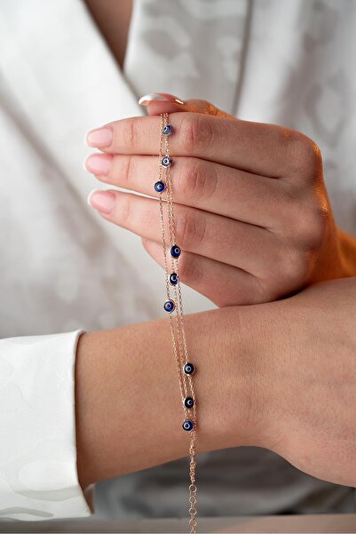 Nereze 925 Ayar Gümüş Rose Mavi Renkli 3 Sıra Zincirli Nazar Göz Bileklik