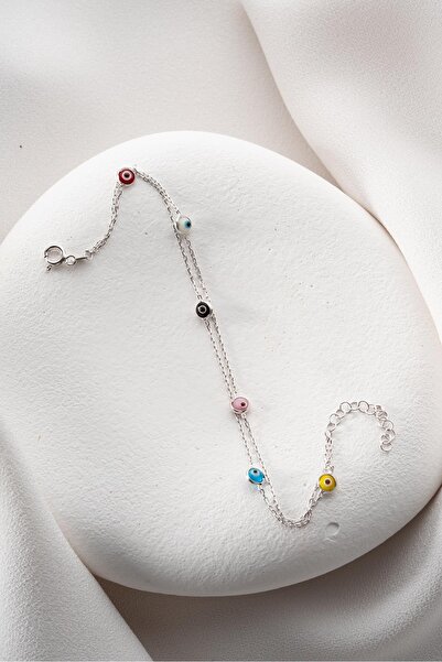 Nereze 925 Ayar Gümüş Rodyumlu Mix Renkli 2 Sıra Zincirli Nazar Göz Bileklik