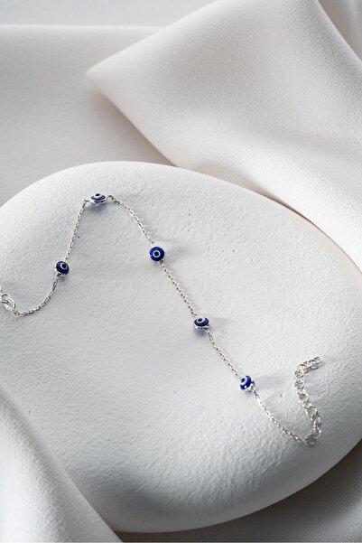 Nereze 925 Ayar Gümüş Rodyum Tek Sıra Lacivert Nazar Göz Bileklik