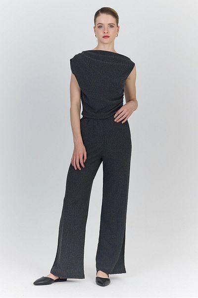 Rays Anthracite Asymmetric Shoulder Detailed Blouse and Wide Leg Pants Set 1491