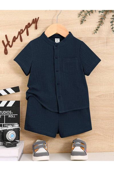 Bubito Stylish Cotton 2-Piece Summer Shorts Set with Muslin Pockets - Navy Blue