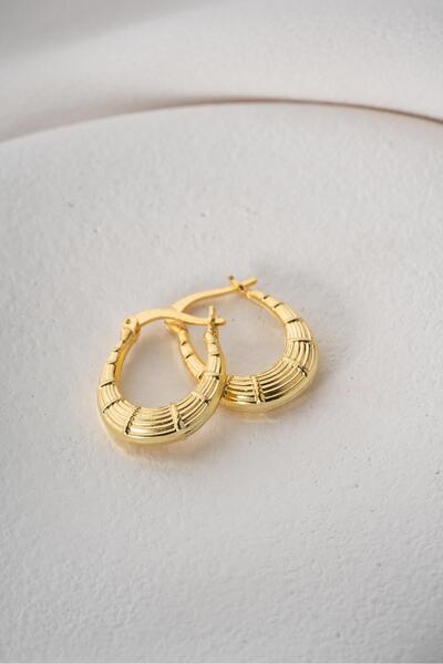 Nereze 925 Ayar Gümüş Gold Rengi Yatay Çizgili U Şekil Tasarım Şarnel Küpe