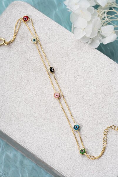 Nereze 925 Ayar Gümüş Gold Mix Renkli 2 Sıra Zincirli Nazar Göz Bileklik