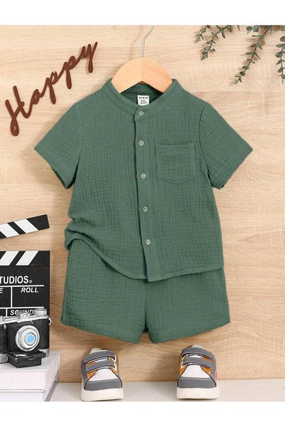 Bubito Stylish Cotton 2-Piece Summer Shorts Set with Muslin Pockets-Green
