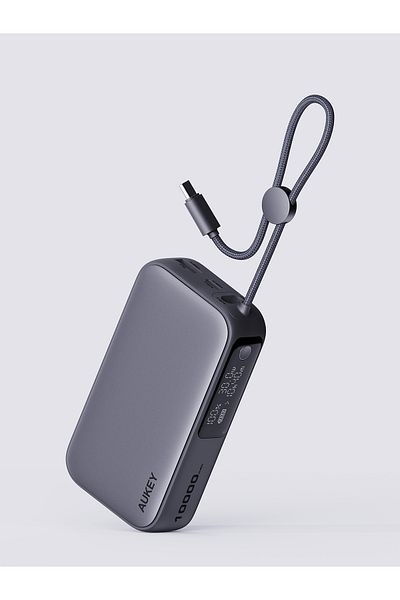 AUKEY 10,000mAh, 30W PD, Compact Fast Charging Power Bank with Built-in USB-C Cable, Gray.