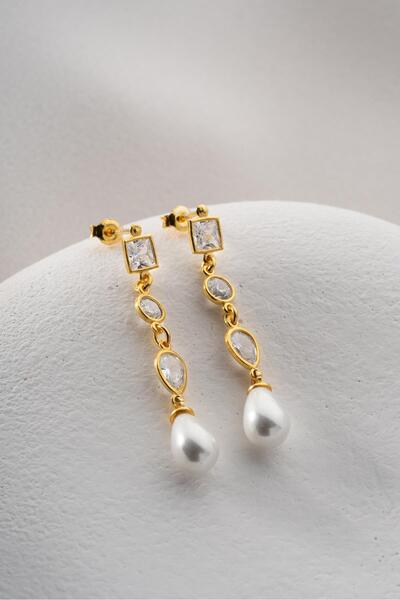 Nereze 925 Ayar Gümüş Gold İnci Detaylı Sallantılı 3 Element Küpe