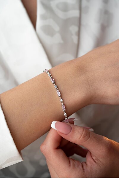 Nereze 925 Ayar Gümüş Rodyumlu Sıralı Pembe Taşlı Baget Model Bileklik