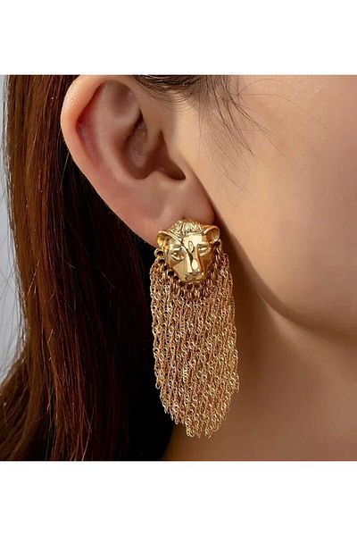 sarıyer silver Lion Head Model Tassel Chain Dangle Yellow Color Coated Stylish Style Steel Earrings