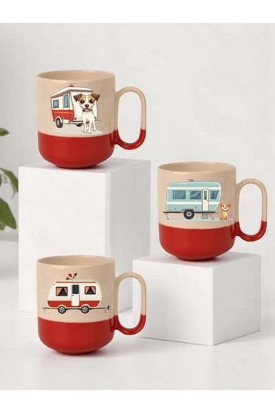 lili hediyelik Caravan and Dog Printed 3-Piece Red Base Ceramic Mug