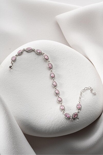 Nereze 925 Ayar Gümüş Rodyumlu Sıralı Pembe Taşlı Oval Model Bileklik