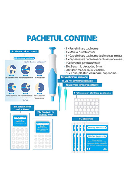 QuTek Kit complet indepartare Papiloame, Dispozitiv Ligaturare 2-8mm, 40 benzi silicon, 36 plasturi