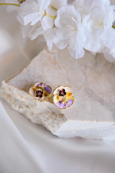 AURRARİ Viola Gold Mor Sarı Beyaz Sedefli İncili Damla Küpe