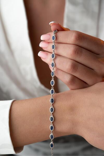 Nereze 925 Ayar Gümüş Rodyumlu Sıralı Mavi Taşlı Oval Model Bileklik