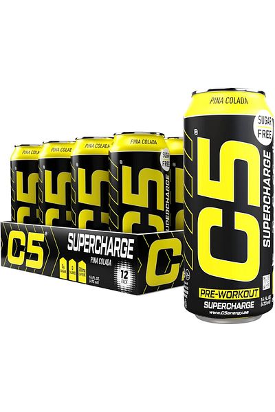 C5 Energy Drink Supercharge Pina Colada Pre-Workout, 200mg Caffeine, Sugar Free, (Box of 12)