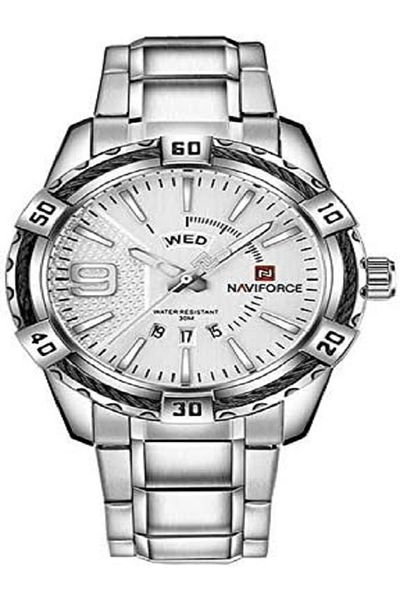 Naviforce analog wrist watch in silver stainless steel & white dial.