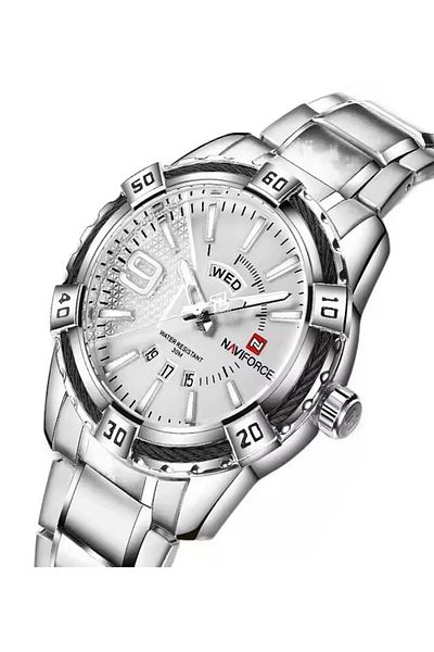 Naviforce analog wrist watch in silver stainless steel & white dial.