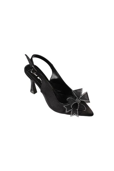 Yaz Kış Ayakkabı Yazkiş Women's Black Silver Satin Bow Buckle 9cm Goblet Heel Open Back Steletto Shoes