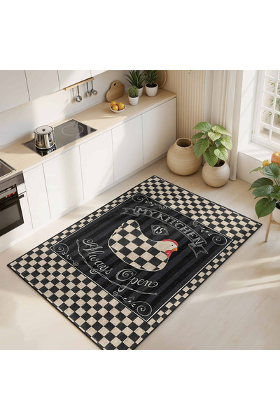Realhomes Siyah - Beyaz Kare Desenli Yıkanabilir Kaymaz Taban Mutfak Halısı