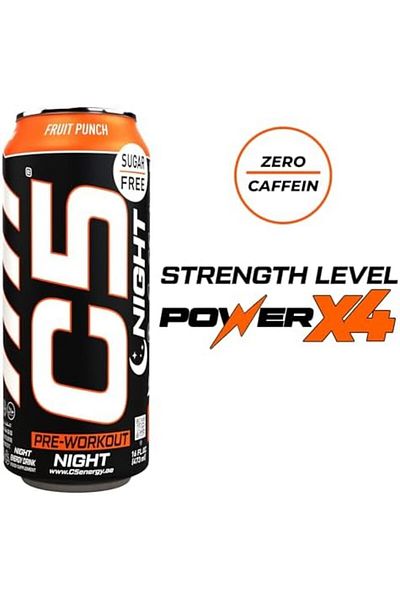 C5 Energy Drink Night Fruit Punch, Pre Workout, Zero Caffeine, Sugar Free, (Box of 12)
