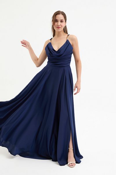 Lafaba Women's Navy Blue Long Evening Dress with Gold Accessories
