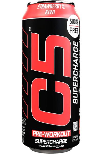 C5 Energy Drink Supercharge Strawberry & Kiwi Pre-Workout, 200mg Caffeine, Sugar Free, (Box of 12)
