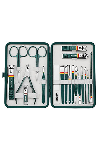 QuTek Trusa Manichiura si Pedichiura Profesionala, QUTEK®, 19 Piese, Unghiera, Penseta, Pila, Verde