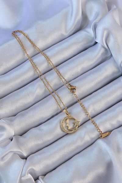 Skygo 316L Steel Chain Gold Color Zircon Stone with Crescent and Star Icon Ataturk Necklace - Tj-Bko9117