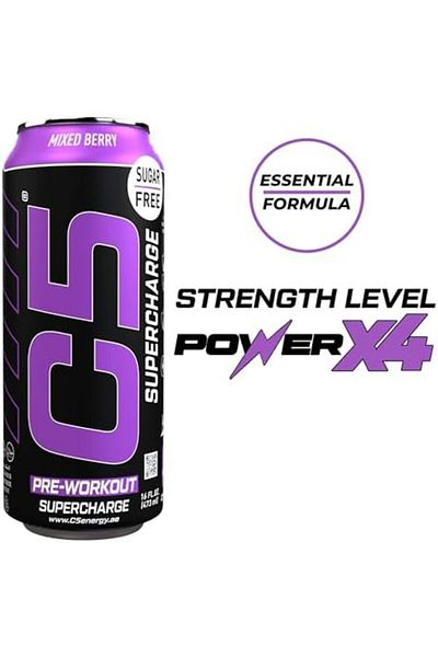 C5 Energy Drink Supercharge Mixed Berry Pre Workout,150mg Caffeine, Sugar Free, (Box of 12)