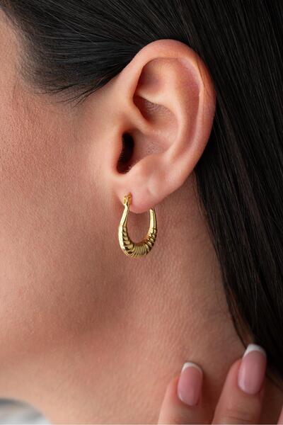 Nereze 925 Ayar Gümüş Gold Rengi Çizgili Oval Tasarım Şarnel Küpe