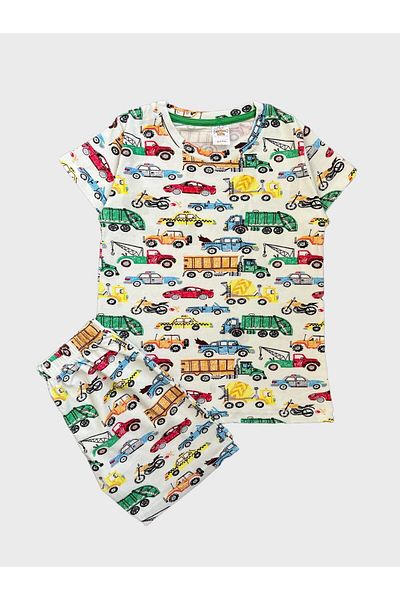 elmas kids Set de pijamale de vară pentru băiat, 100% bumbac, alb, cu model de autobuz, cu mâneci scurte