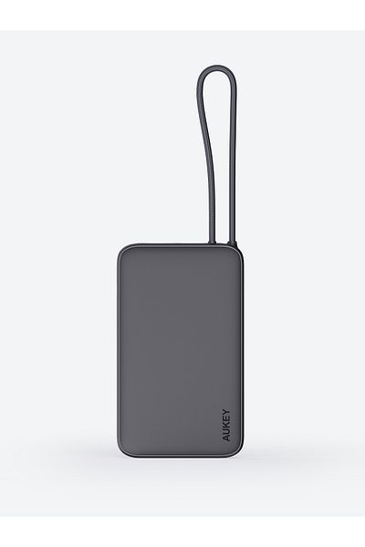 AUKEY 10,000mAh, Lite Slim Power Bank15W PD, Fast Charging, with Built-in USB-C Cable, Gray.