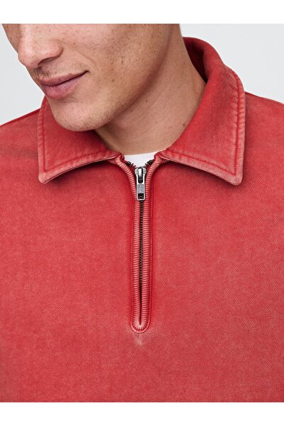 GAP Erkek Kırmızı Heavyweight Oversized Yarım Fermuarlı Sweatshirt