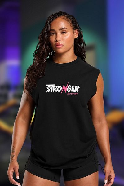 BESSA Women's Stronger Printed Black Oversize Crew Neck Cotton Sleeveless T-Shirt/Undershirt Gym Tank Top