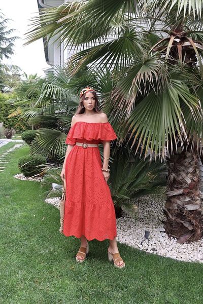 modaserdem Red Shoulder Elastic Brode Dress