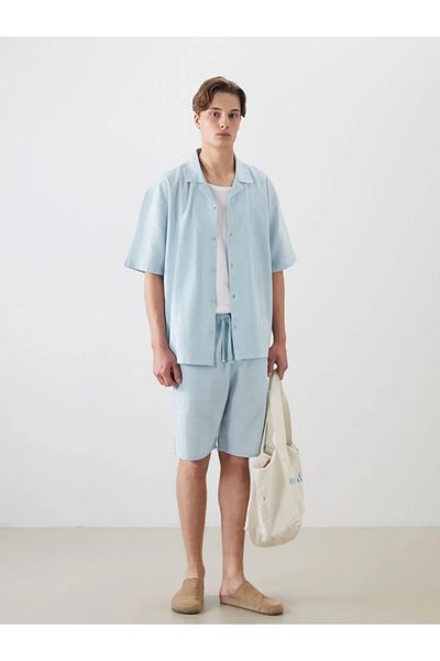 LC Waikiki Xside Blue Relaxed Fit Short Sleeve Linen Look Men's Shirt