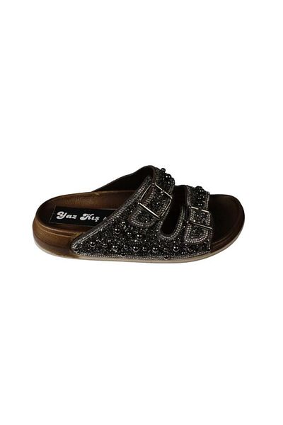 Yaz Kış Ayakkabı Yazkiş Women's Black Platinum Double Striped Stone Slippers