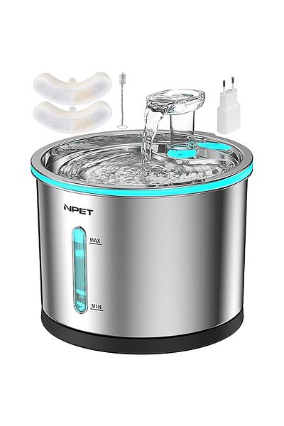 QuTek Dispenser Apa Automat Tip Fantana 1.5L, Otel Inoxidabil, Iluminare LED, 2 filtre, Caini/Pisici