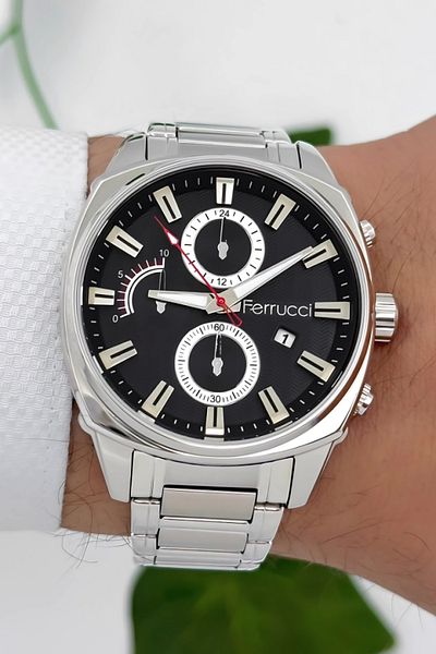 Ferrucci Men's Wristwatch with Calendar - Zmfer181 |   Steel Case & Steel Cord |   Silver-Black