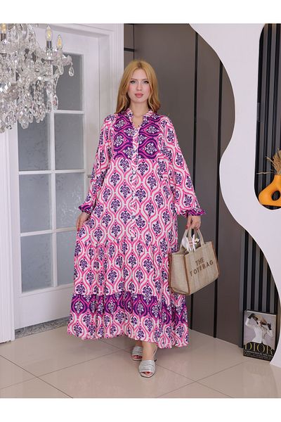 MISS MERCAN Copy - Button Pattern Layered Cotton Viscose Dress Summer Hijab Dress (Wide Fit)