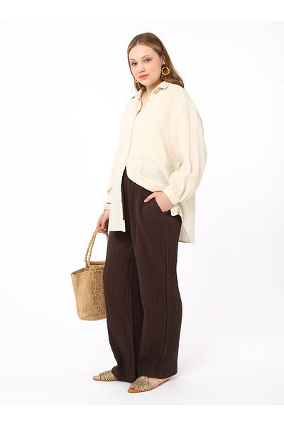 ALİA Muslin Fabric Comfortable Fit Plus Size Trousers - Brown - Alia