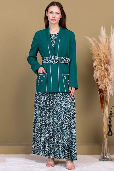 lodmela Leopard Print Jacket Triple Suit 4715-Emerald Green