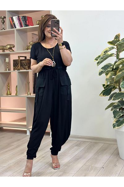 MELTEM TUĞAN Sandy Fabric Jumpsuit with Drawstring Waist Pocket Detail Black