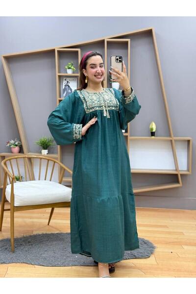 Generies جلابية كتان مطرزة بتصميم انيق وعصري مقاس من55 الي 110 كيلو