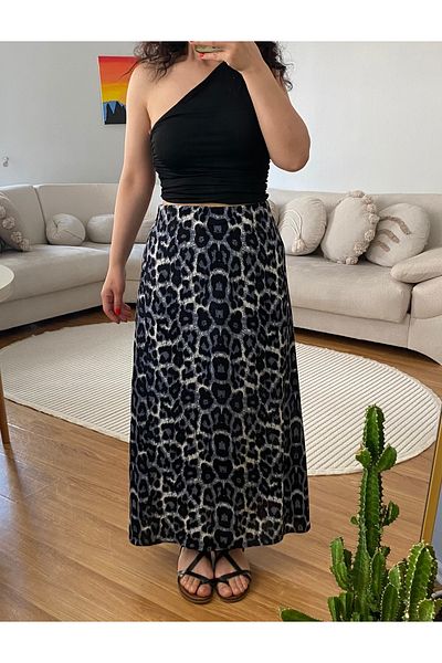 ronox Women's Elastic Waist Viscose Fabric Leopard Print Maxi Length Skirt