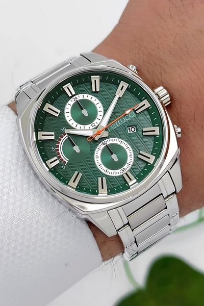 Ferrucci Men's Wristwatch with Calendar - Zmfer181 |   Steel Case & Steel Cord |   Silver-Green