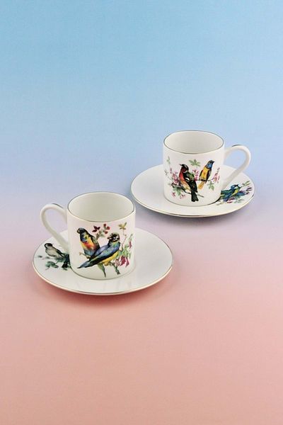 Bursa Porselen Dekor Colorful Birds Gold Gilded Two-Person Coffee Cup Set